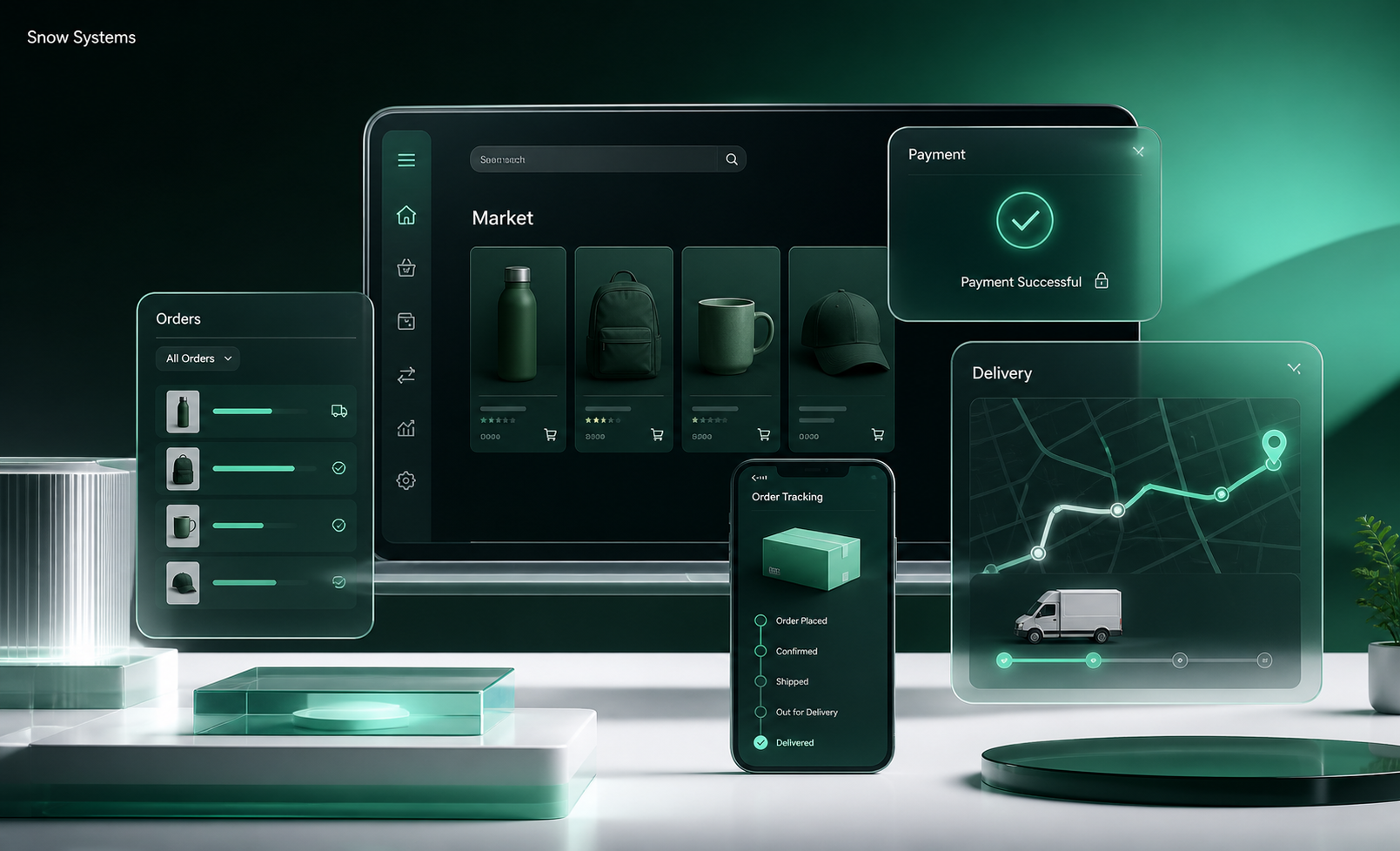 Snow Systems platform visual showing marketplace, payments, orders and delivery tracking